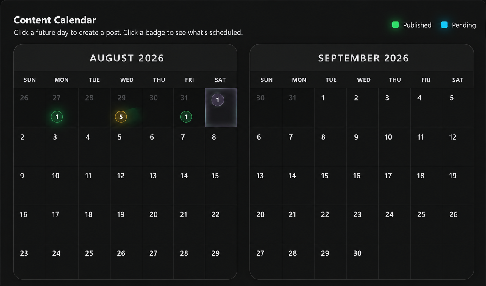 socials.ink content calendar across multiple client projects